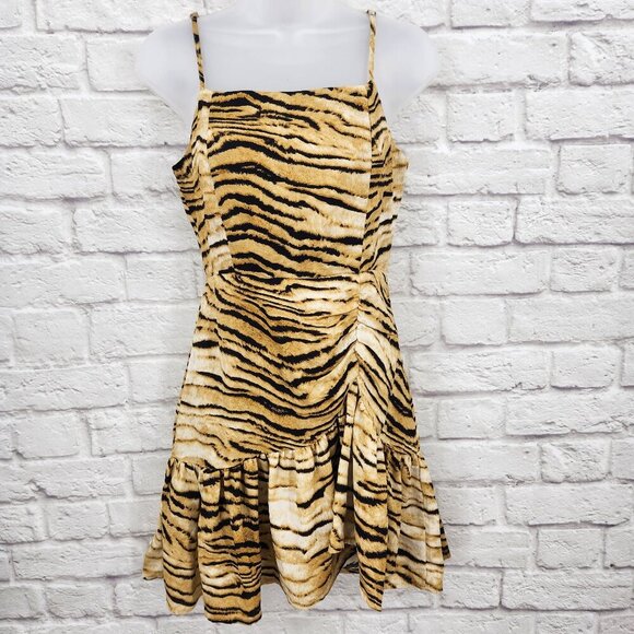 Storia Tiger Print Spaghetti Strap Drop Waist Lined Vacation Mini Dress S - Picture 1 of 14